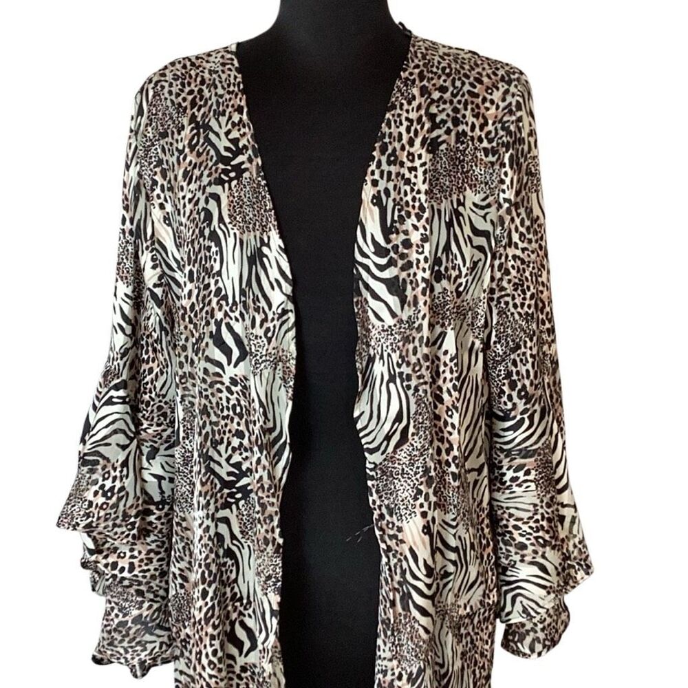 NWT Umgee+ XL Animal Print Long Duster Kimono Open Front Ruffle Sleeve Side Slit - Picture 8 of 10
